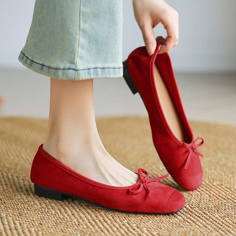 Krazing Pot Suede Fashion Spring Size 42 41 Low Heels Women Round Toe Shoes Ballet Dance Butterfly-knot Shallow Pumps