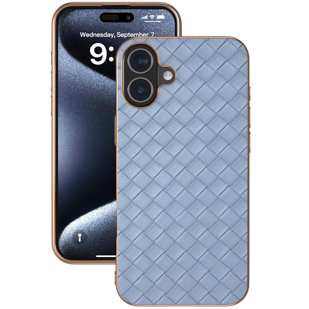 For iPhone 16 Case Woven Texture Electroplating Edge Leather Coated PC+TPU Phone Cover
