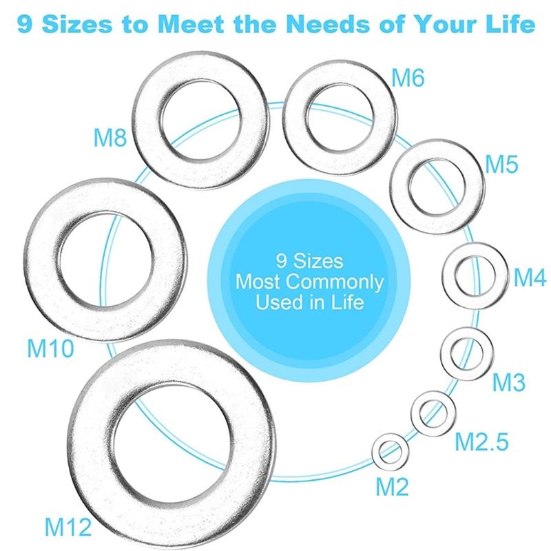 800 buc șaibe plate robuste din oțel inoxidabil, asortiment, set de șaibe de dimensiuni multiple, portabile pentru șuruburi și bolțuri, utilizare zilnică