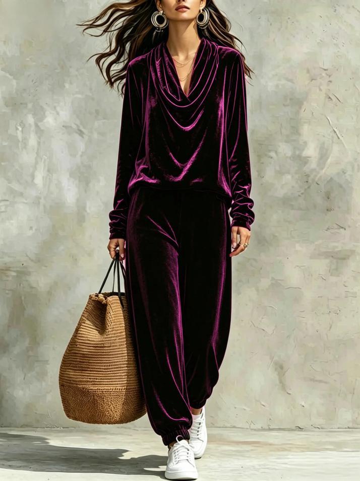 European and American women's clothing autumn and winter new swing neck gold velvet long-sleeved top corset sweatpants casual two-piece set