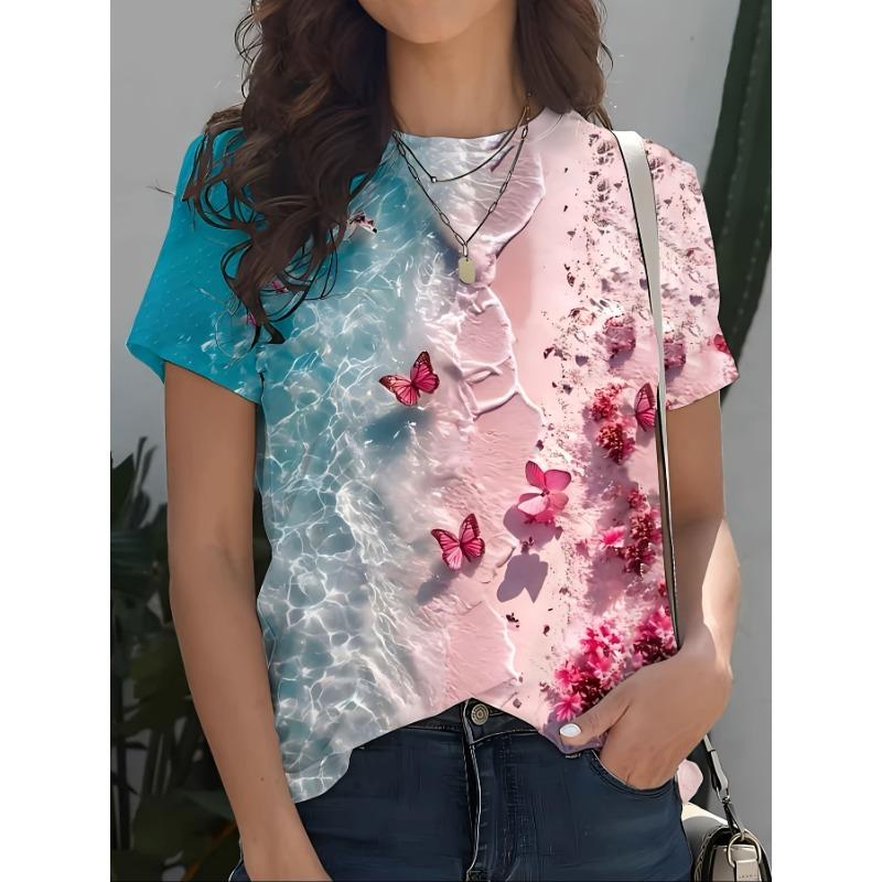 

Летний топ с круглым вырезом и принтом 3D Seaside, модные повседневные женские футболки с короткими рукавами XS