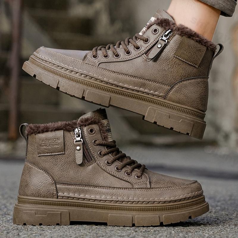 Winter Plush Thicken Men Cotton Shoes Non Slip Comfortable Warm Leather Shoes Fashion Lace Up Zipper Height Increase Short Boots