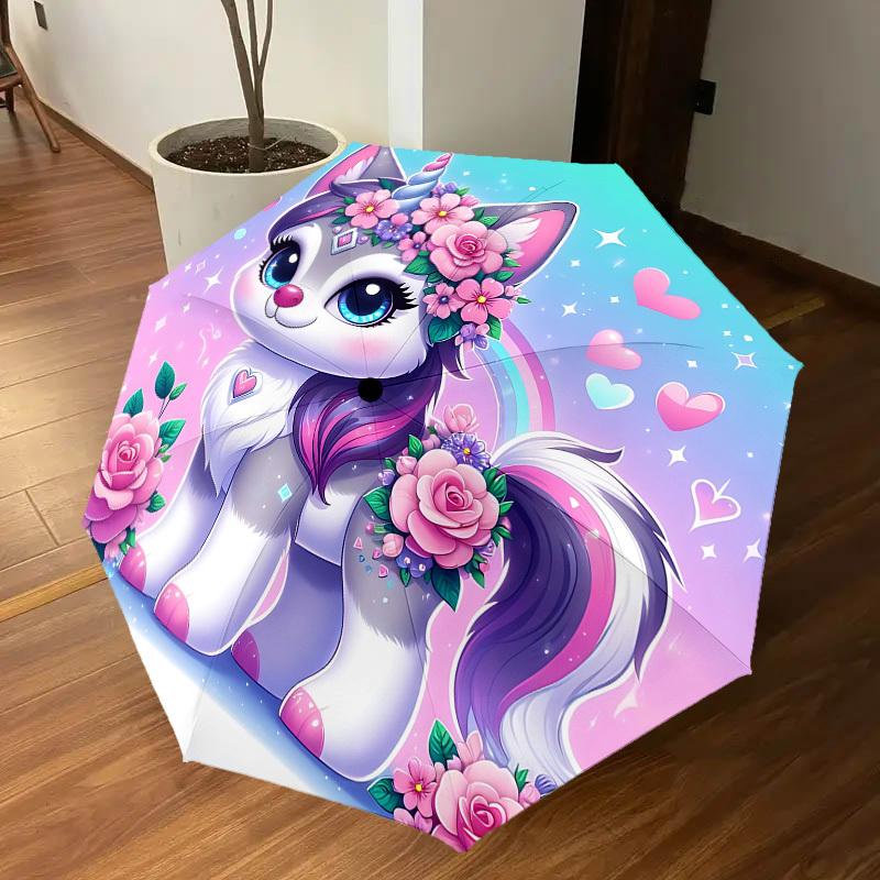 1PC Unicorn Kitty Automatic Open/Close Umbrella with Windproof, 8-Rib Sturdy Canopy, Durable Ribs, Fashionable Design, Outdoor Accessory, Fun Prin, Ho