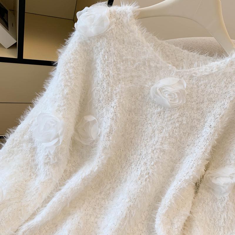 Women's Sweet Pink 3D Flower Sweater, Gentle Spring/Autumn Knit Base Layer
