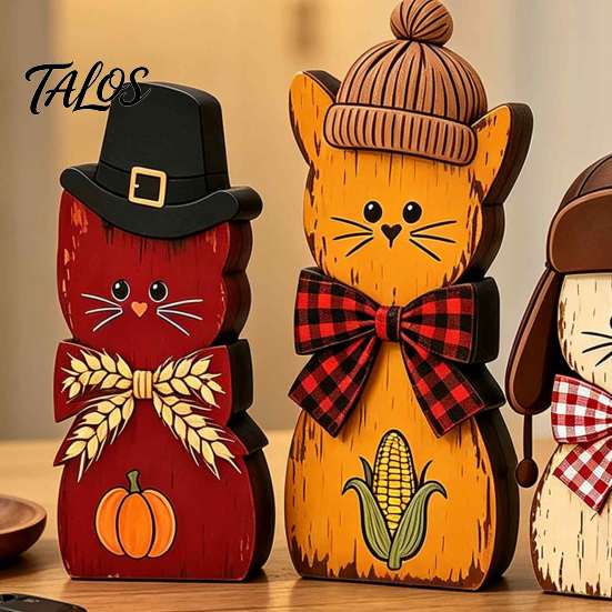 Decorative Wood Cat Set 3Pcs Christmas Wooden Ornaments with Hat and Bow Tie, 2D Interchangeable Holiday Flat Thanksgiving Tabletop Figurines,
