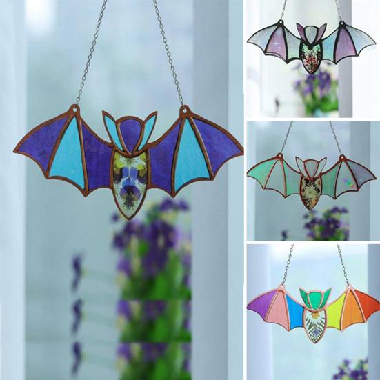 Bat Stained Glass Sun Catcher Translucent Window Hanging Decoration Handmade Acrylic Wall Art Light Catcher for Halloween Home Decor