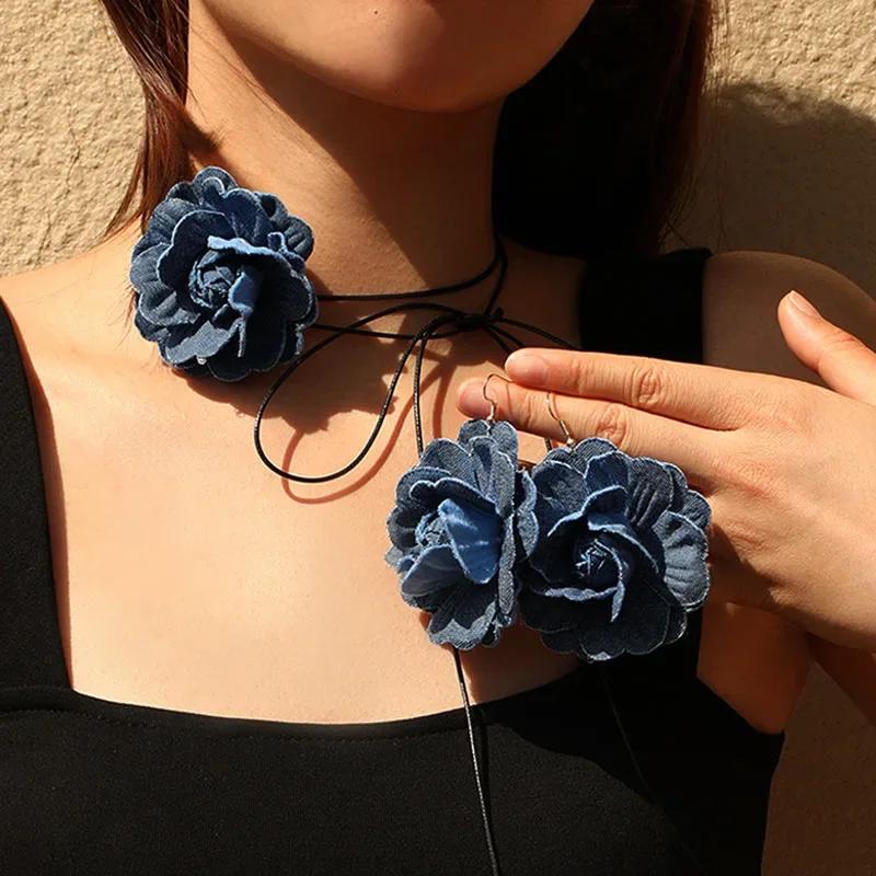 Collier ras du cou tendance avec pendentif en forme de fleur et de rose pour femme, chaîne de clavicule, en jean, réglable, corde cirée, style Y2K