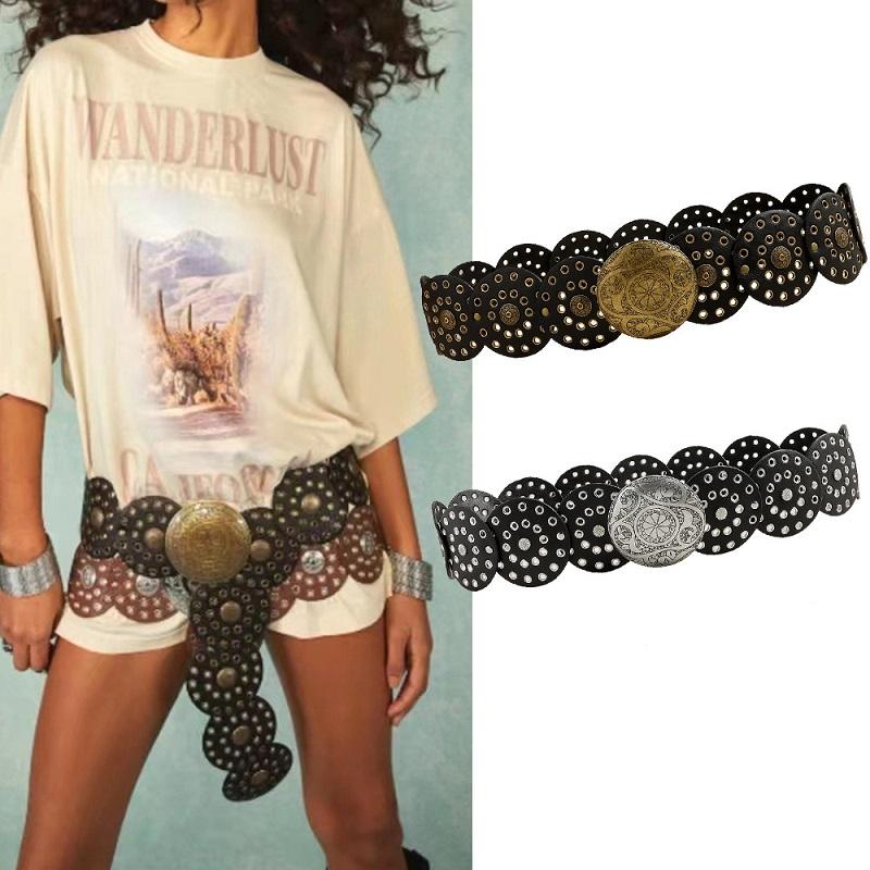 Women's Western Denim Belt High Quality Metal Hollow Ladies Trend Wide Waistband Vintage Personalized Round Belts EMA