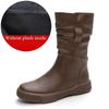 Fashion Women Boots Autumn Winter Plush Warm Mid Calf Boots Round Toe Zipper Pleated Thick Bottom Leather Cotton Boots