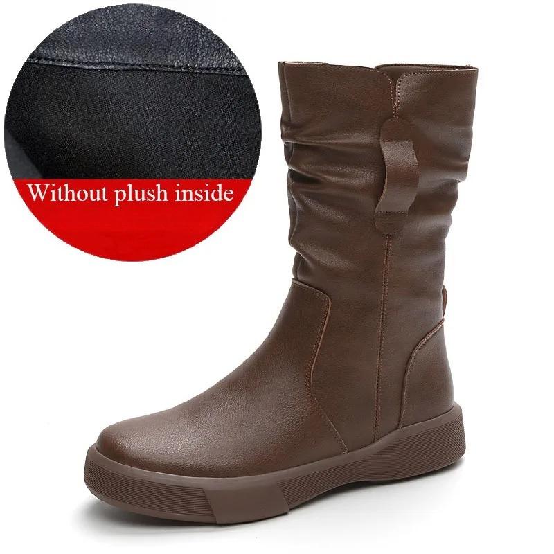 Fashion Women Boots Autumn Winter Plush Warm Mid Calf Boots Round Toe Zipper Pleated Thick Bottom Leather Cotton Boots