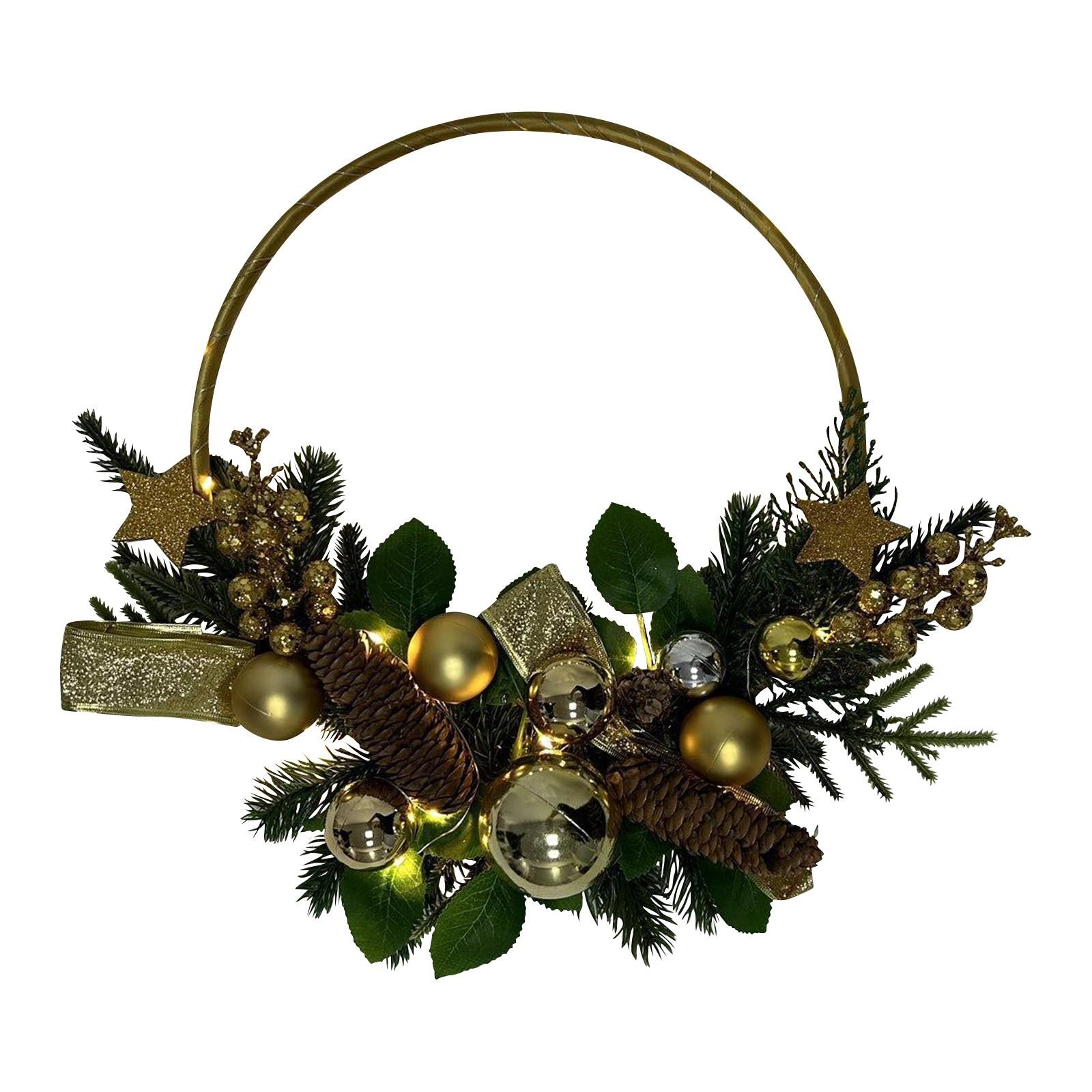 

Дверной венок Рождественский венок со светодиодными лампочками, таймером и рождественскими безделушками, украшение Рождество One Size золотой