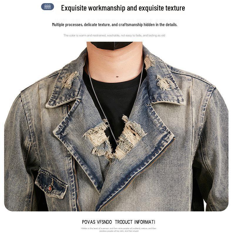 Men's Plus Size Retro Denim Jacket with Turn-Down Collar and Multi-Pockets for Spring
