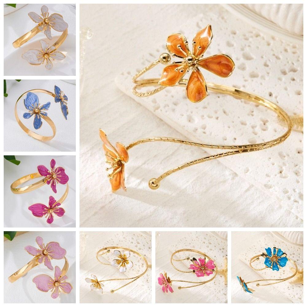Adjustable Design Enamel Flower Cuff Armlet Vintage Style Open Arm Ring Formal Event