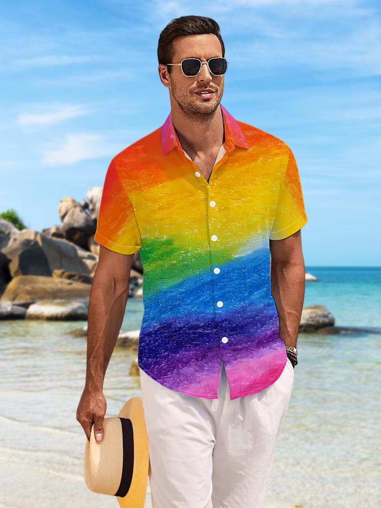 New Men'S Casual Short-Sleeve Shirt with a Colorful Pattern Resembling Rippling Water, Featuring a Dreamy Rainbow Gradient. Perfect for Festive