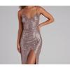 Women Sequined Spaghetti Strap V Neck Bodycon Long Evening Party Dress
