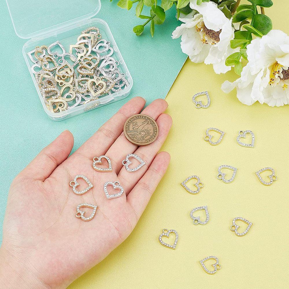 60Pcs 2 Colors Alloy Charms with Rhinestone Cadmium Free & Lead Free Heart Platinum & Light Gold 17x15x2mm Hole: 2.5mm 30pcs/color