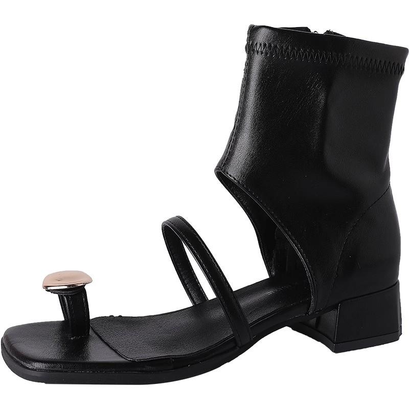 Design sense niche side zipper black 2025 new hollow thick heel sandals women's summer square head cool boots cover toe cool boots