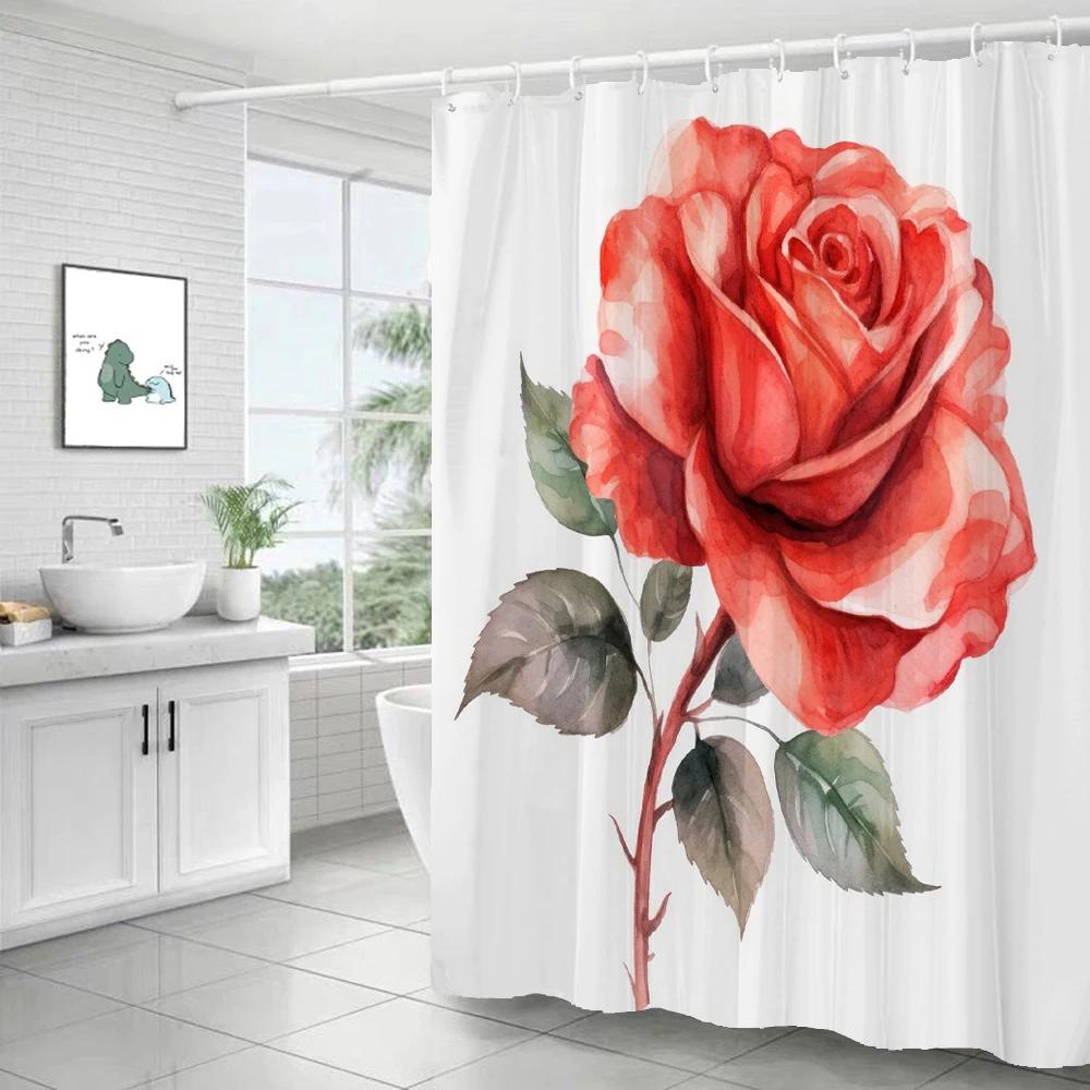 Waterproof Polyester Fabric Red Rose Shower Curtains Blue Rose Flowers Printing Bathroom Curtains for Home Decoration Curtain