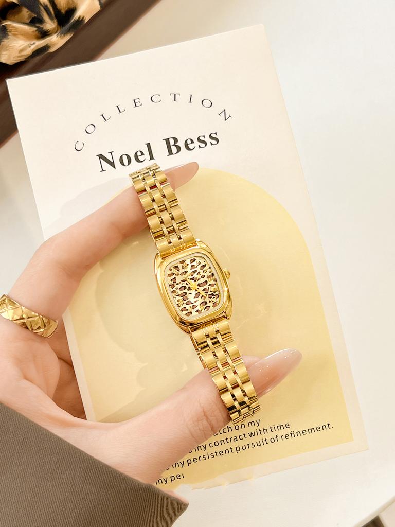 New Vintage-Style Gold Women's Watch,Leopard-Print Stainless Steel Strap,Square Quartz Watches for Women as a Gift or Accessory