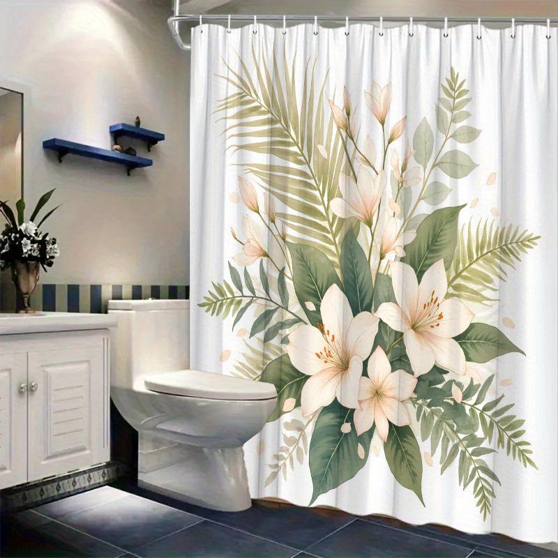 1pc Beige Floral & Palm Frond Shower Curtain - Soft Pastels, Serene Design, Polyester, 70.8x70.8In, 12 Hooks, Washable