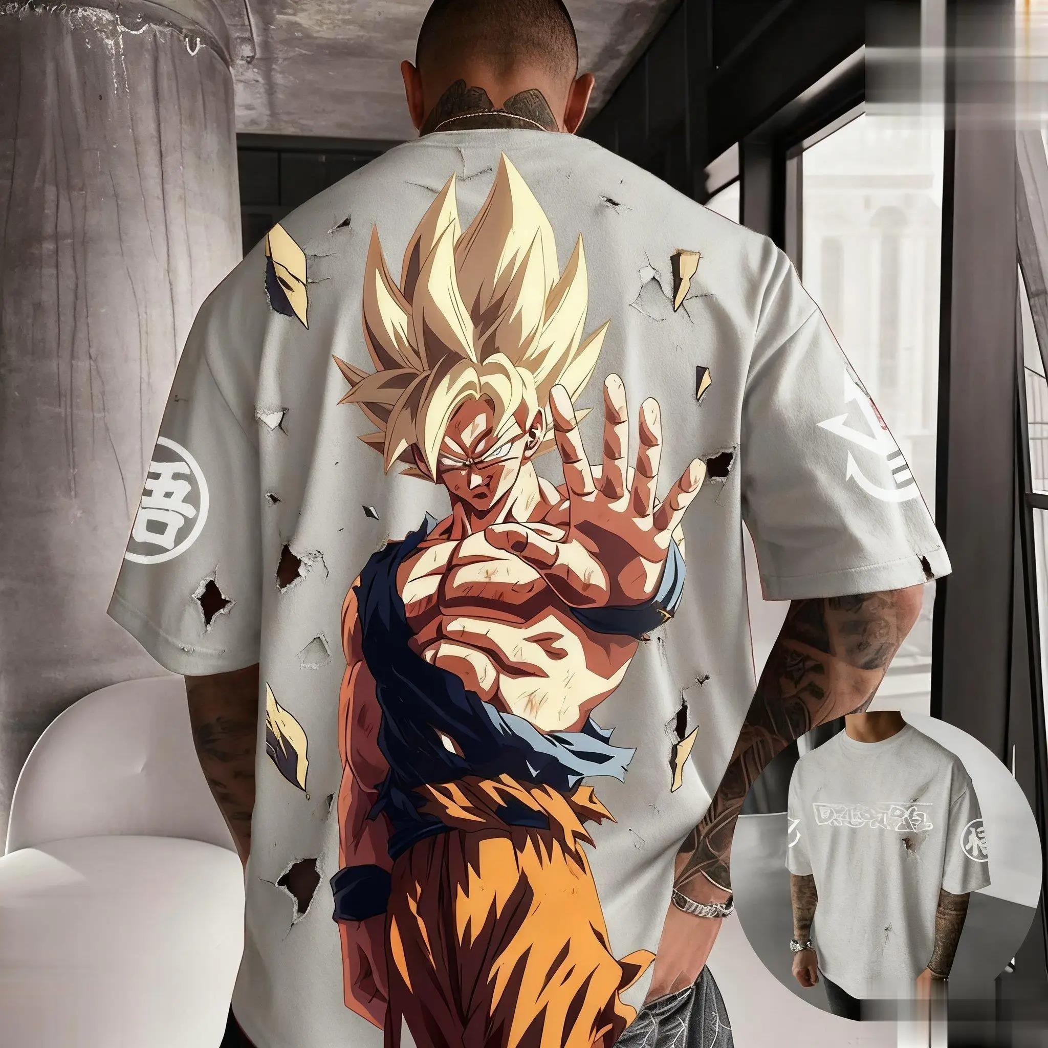 

Streetwear Oversized Dragon Ball Goku Men s T-shirt Anime Print Women Casual Short Sleeved Graphic Tee Y2k Clothes Summer Trendy S синій