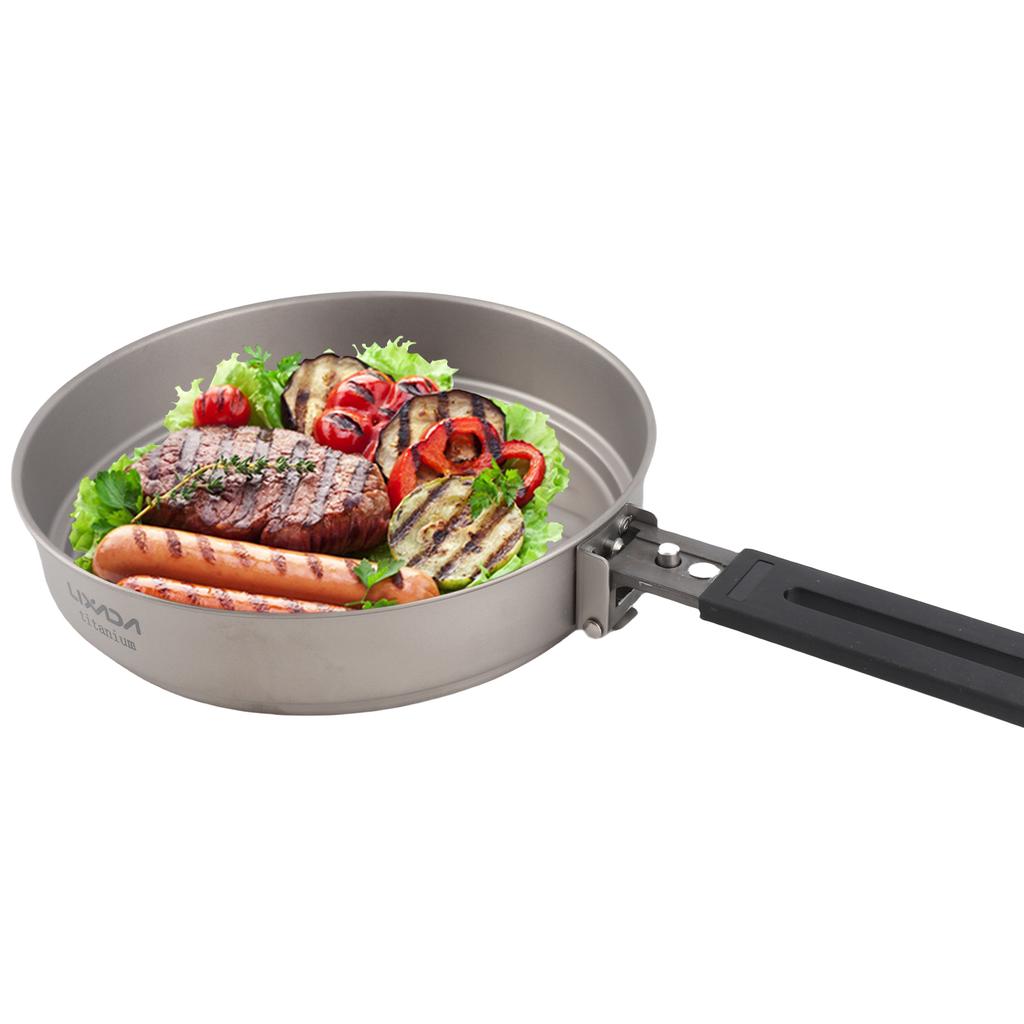 Lixada 1100ml Titanium Fry Pan Ultralight Grill Frying Pan with Folding Handle for Outdoor Cooking Camping Hiking