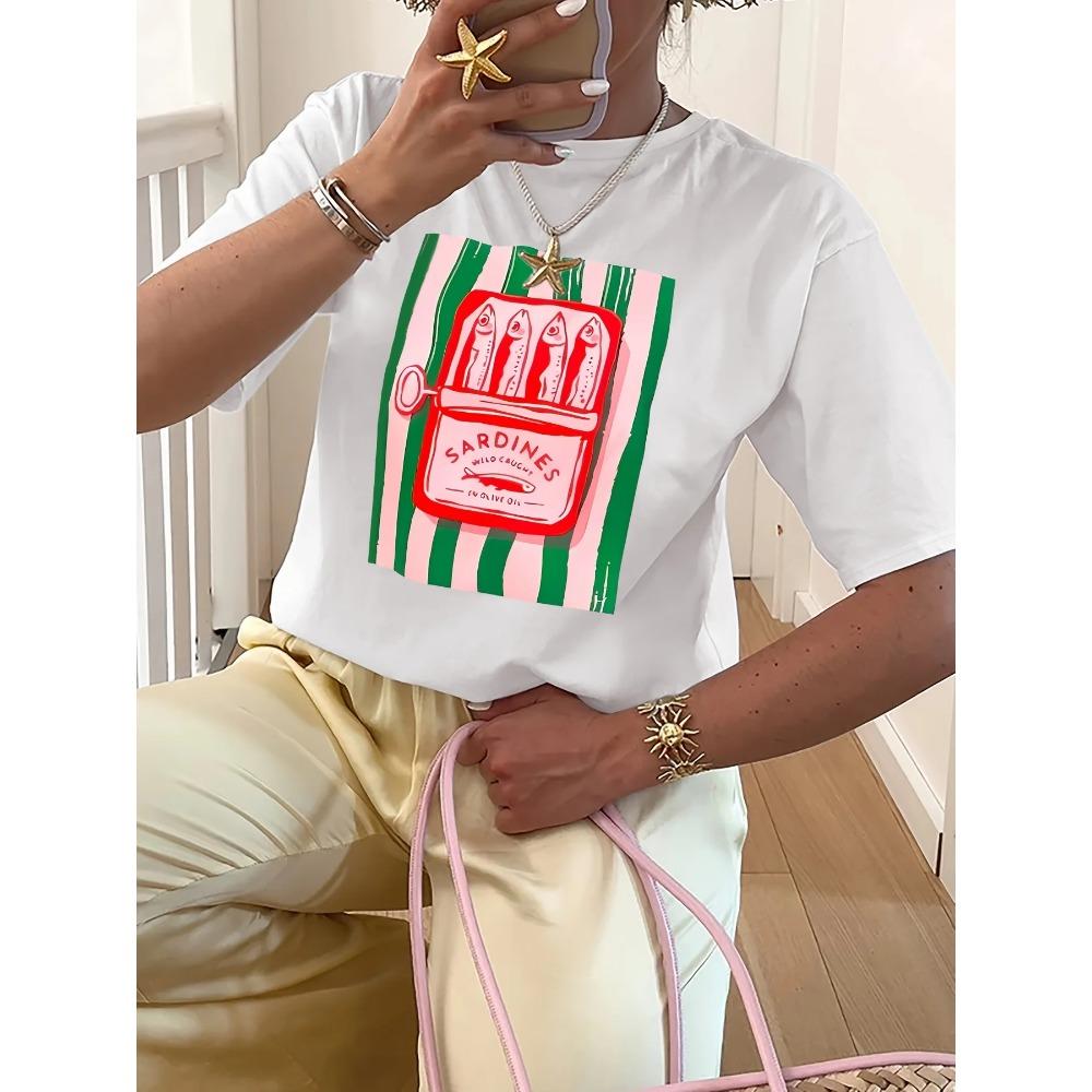American Y2k Sardine Pattern Printing Women's Casual T-shirt Summer Y2k Multifunctional Street Clothing Short-sleeved Top