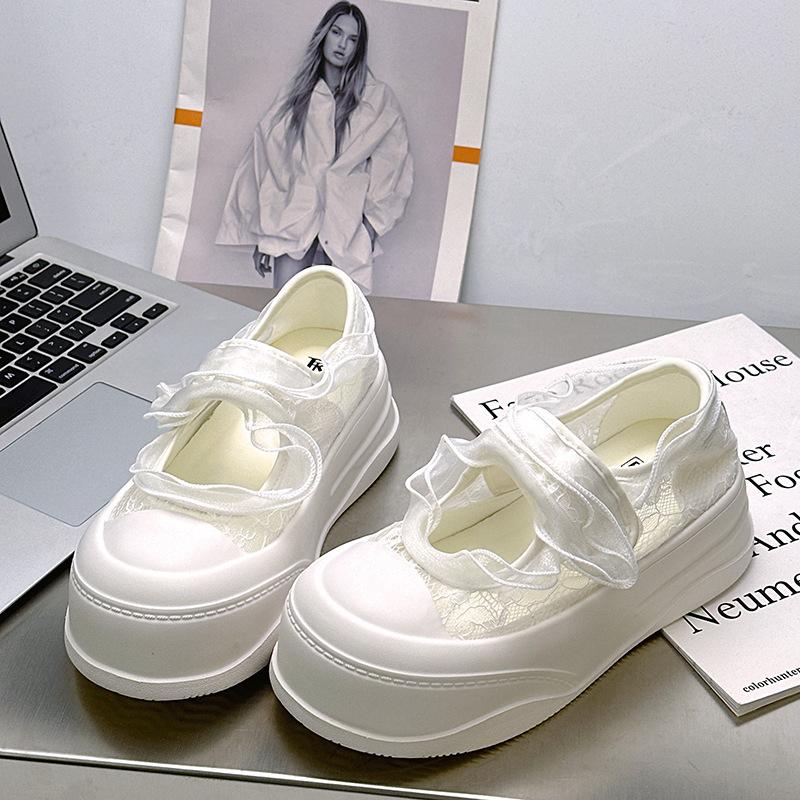 

- Lace thick-soled Velcro hollow board shoes 5cm organza atmosphere versatile height-increasing casual shoes 35 бежевый