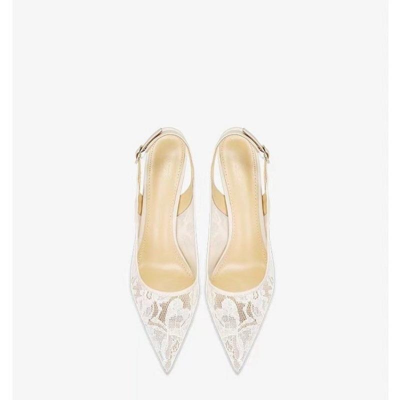 Módní Značkový Návrhář Bílé Dámské Svatební Lodičky Síťované Vyšívané Květiny Pásek Přes Patu Sexy Slingback Vysoký Podpatek Společenské Boty pro Dámy