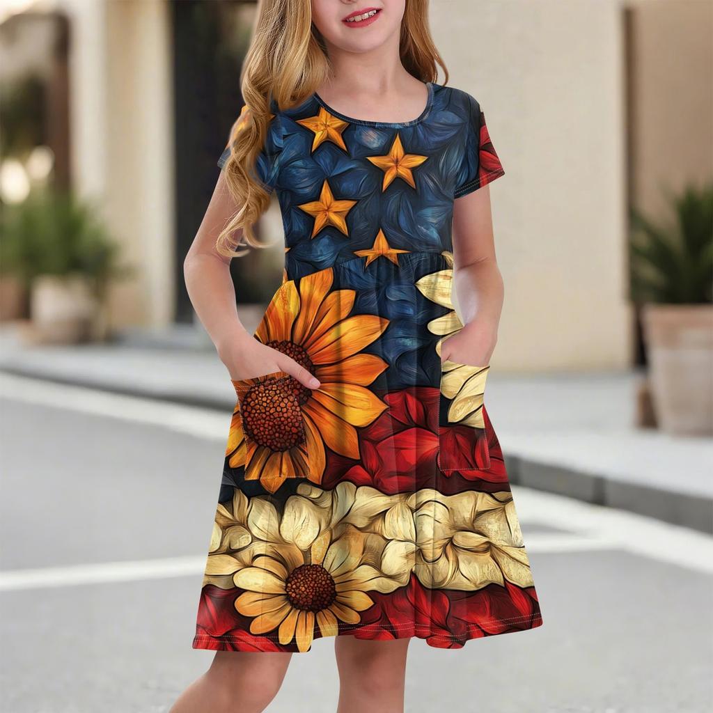 Children's Round-Neck Short-Sleeved Princess Dress Fashionable And Casual Pocket Girl Independence Day Dress