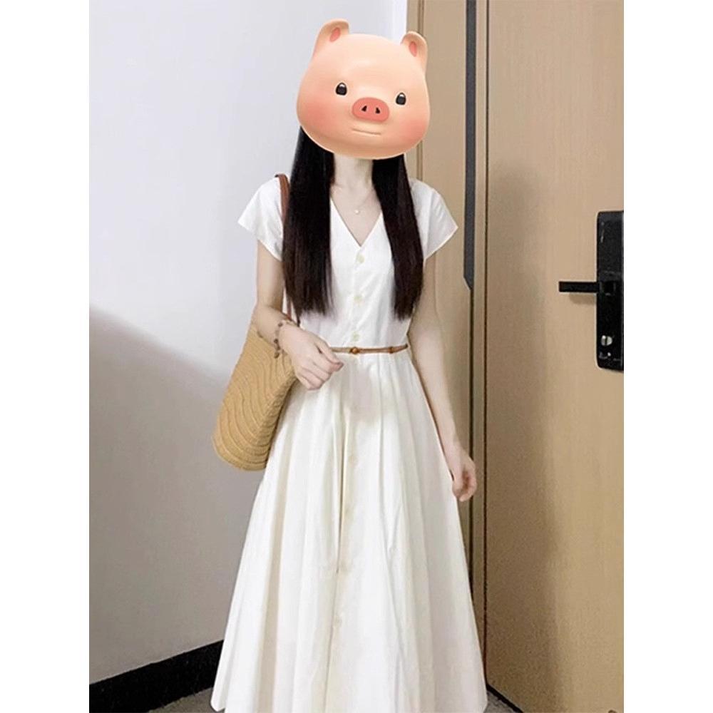 

абрикосовое платье летнее повседневное маленькое темпераментное длинное платье новая популярная одежда талия рубашка V-образный вырез XL- (recommended 110-60kg)