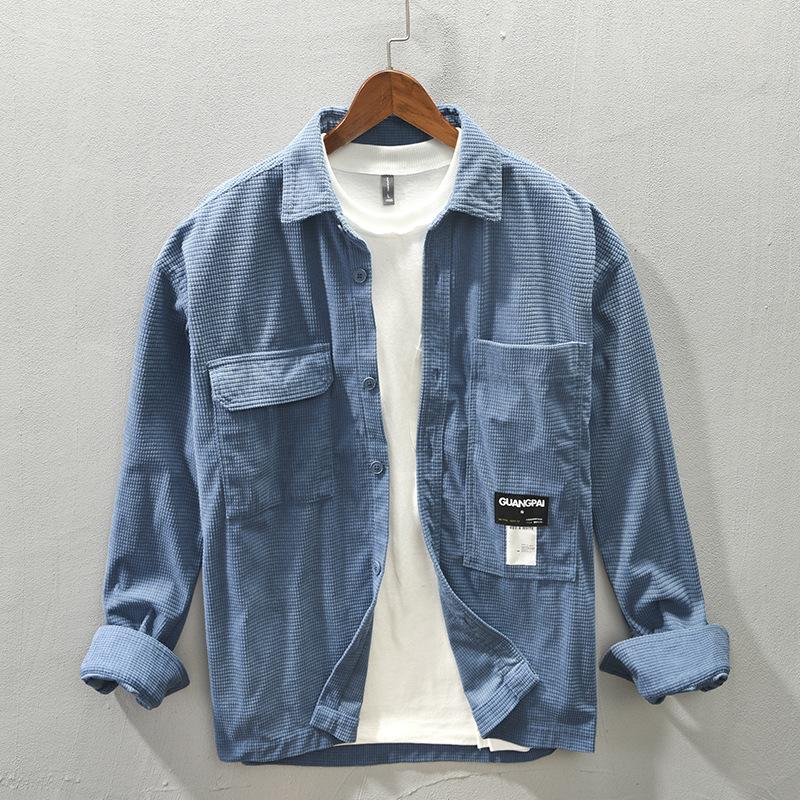 Spring Men Cargo Shirt Single-breasted Loose Solid Color Long Sleeves Chest Pockets Turn-down Collar Cardigan Soft Breathable Corduroy Workwear