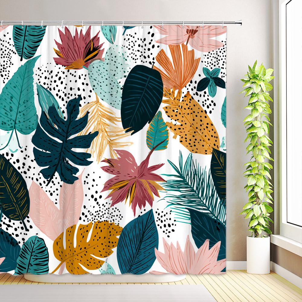 Boho Tropical Palm Leaves Shower Curtain Aesthetic Abstract Green Leaf Floral Plant Minimalist Modern Bathroom Decor with Hooks