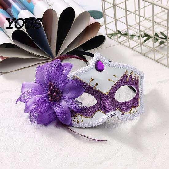 Comfortable Face Masque for Costume Masquerade Women, Glitter Venetian Half with Side Elegant Lace Prop Flower And Feather Halloween Costume,