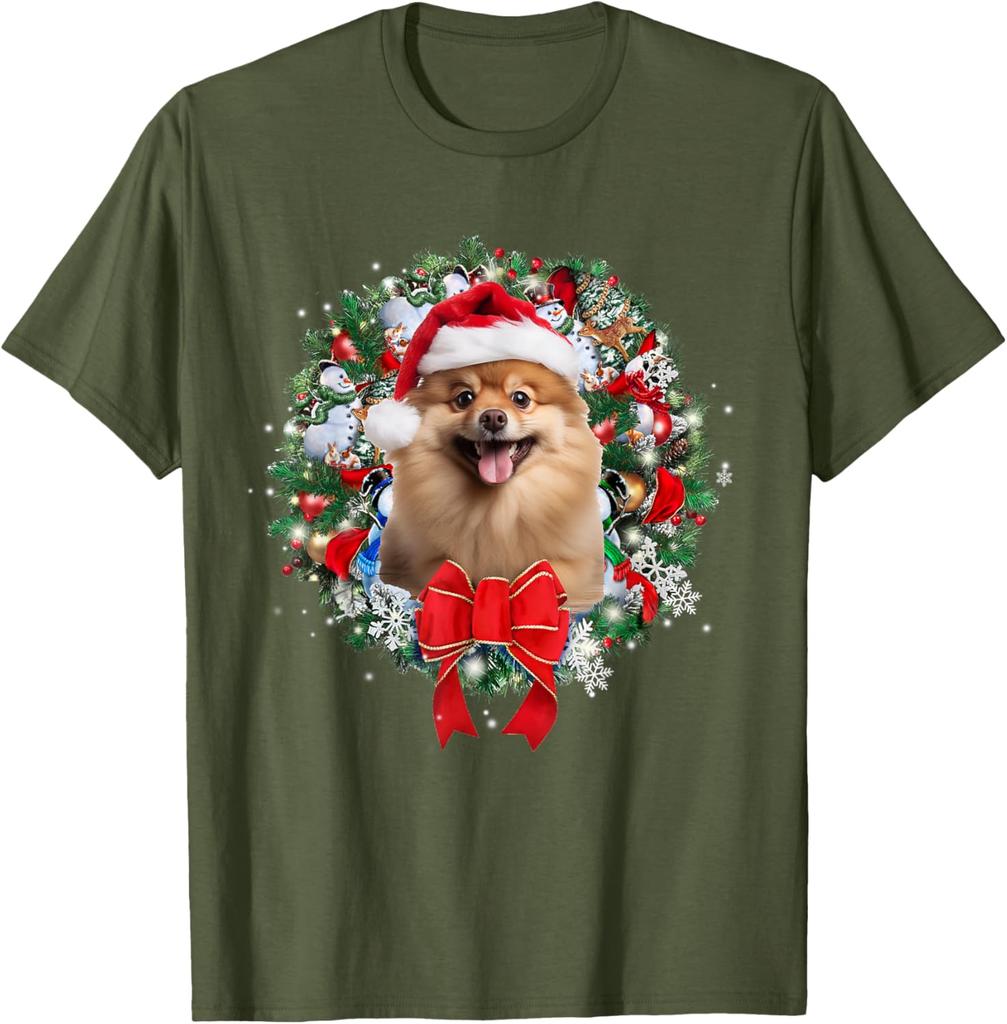 Pomeranian Christmas Wreath Graphic Tee Cute Dog Lover Casual Short Sleeve T-Shirt