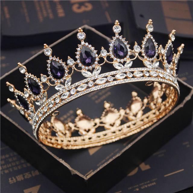 Bride Royal Purple Crystal Queen King Tiaras and Crowns Bridal Pageant Diadem Head Ornament Wedding Hair Jewelry Accessories