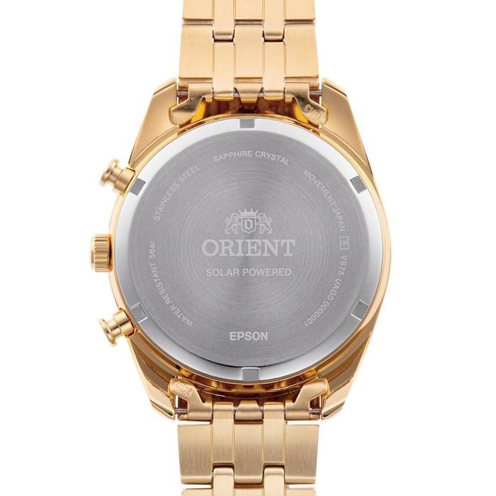 WatchNation Orient Stretch Solar Chronograph 40mm Champagne Dial Gold Strap Men's Watch RA-TX0301G10B