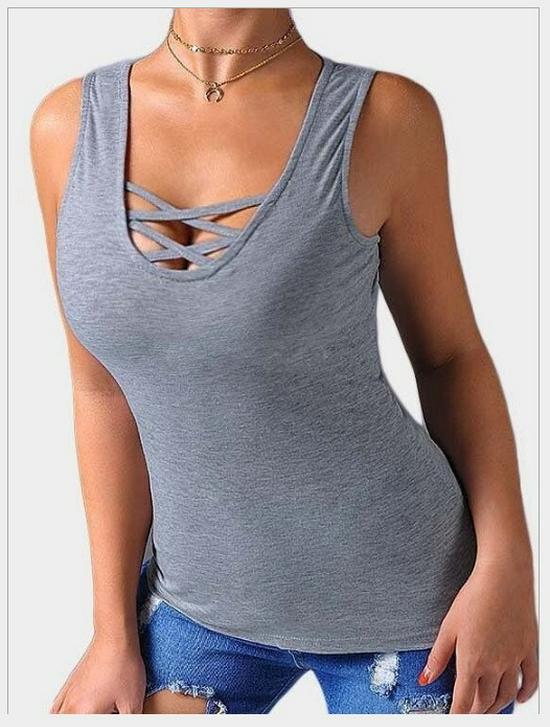 

Women s Sexy Sleeveless Strappy Cross-Strap Tank Top L серый