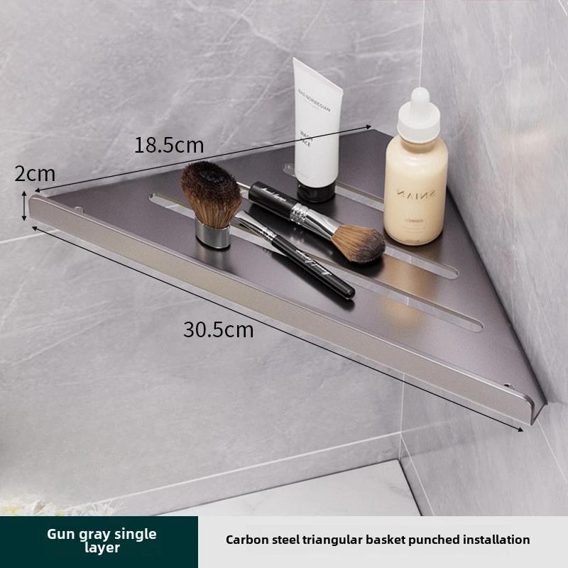 Summer Bathroom Triangle Drain Shelf, No Drilling Wall Mounted Cosmetic and Toiletries Hollow Carbon Steel Shelf with Hooks