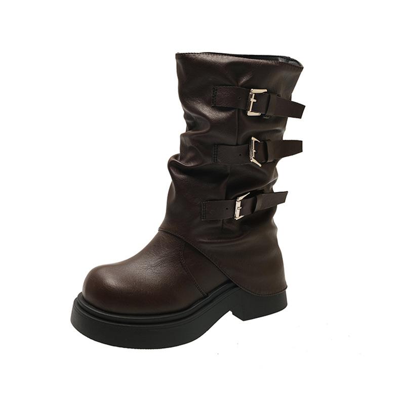 Skinny Versatile Trouser Boots Knight Boots Women's Spring and Summer New Brown Thick-soled High Boots Stack Boots Women