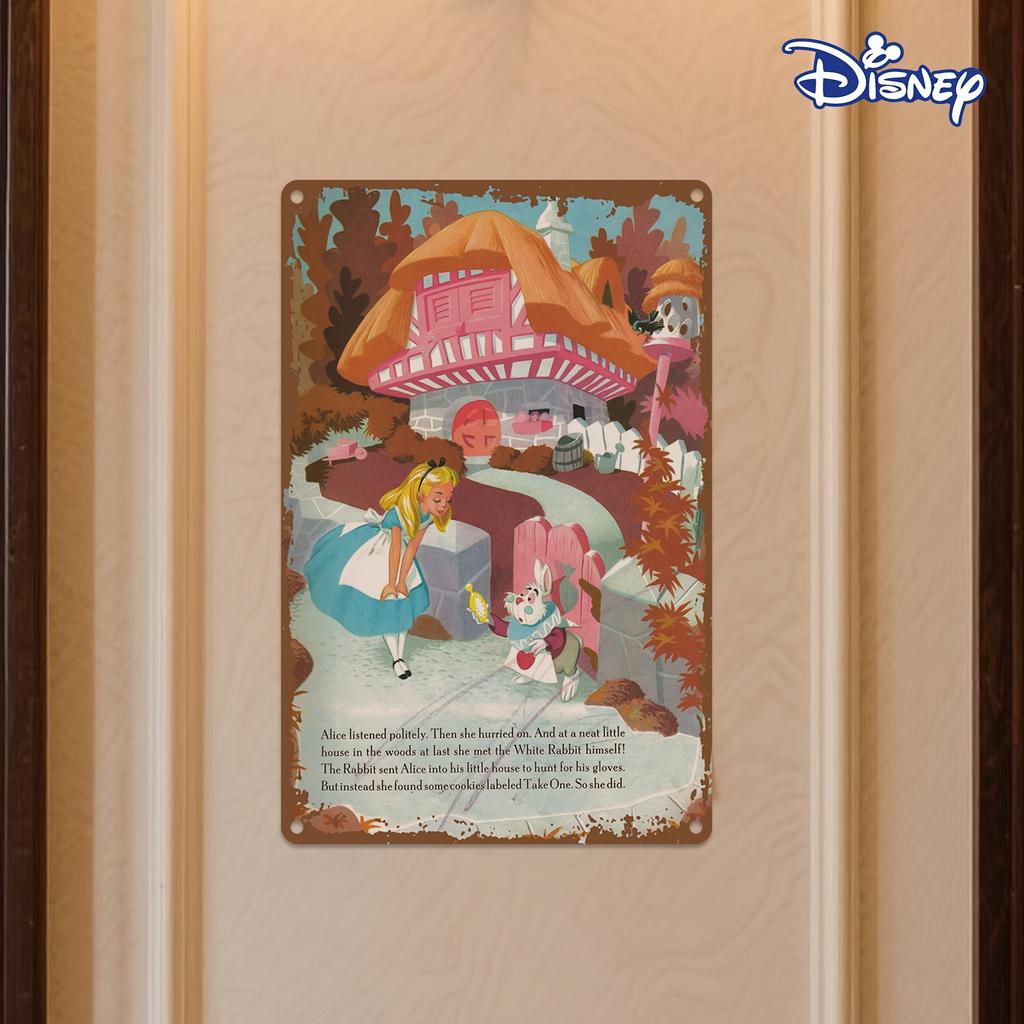 1pc Disney Alice in Wonderland Metal Tin Sign - Vintage Wall Art with White Rabbit & Alice, 20.32x30.48 cm Durable Iron Decorati