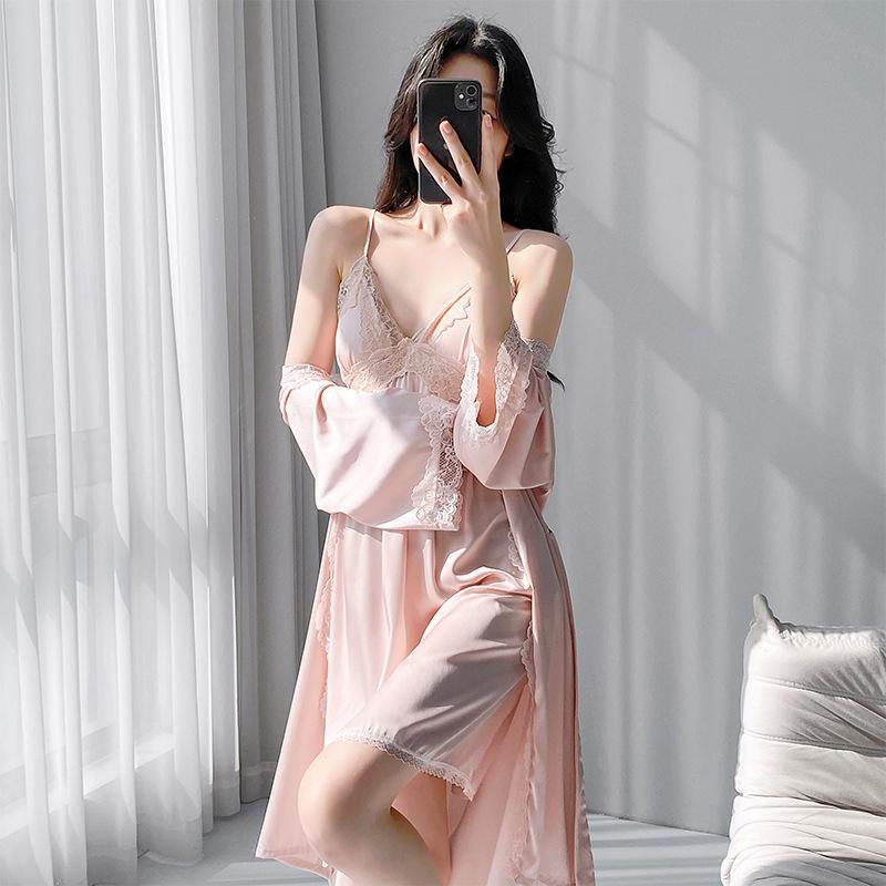 New splicing lace V-neck nightdress women's summer breathable ice silk suspender skirt with cardigan outside direct supply