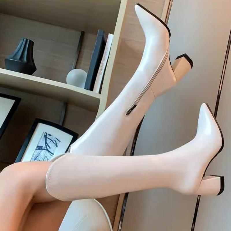 Fashion Pointed Toe Leather Elegant Heeled Ladies Knee High Shaft Shoes Autumn Winter Fleece-Lined Chic New in Pu Hot Women's Long Boots