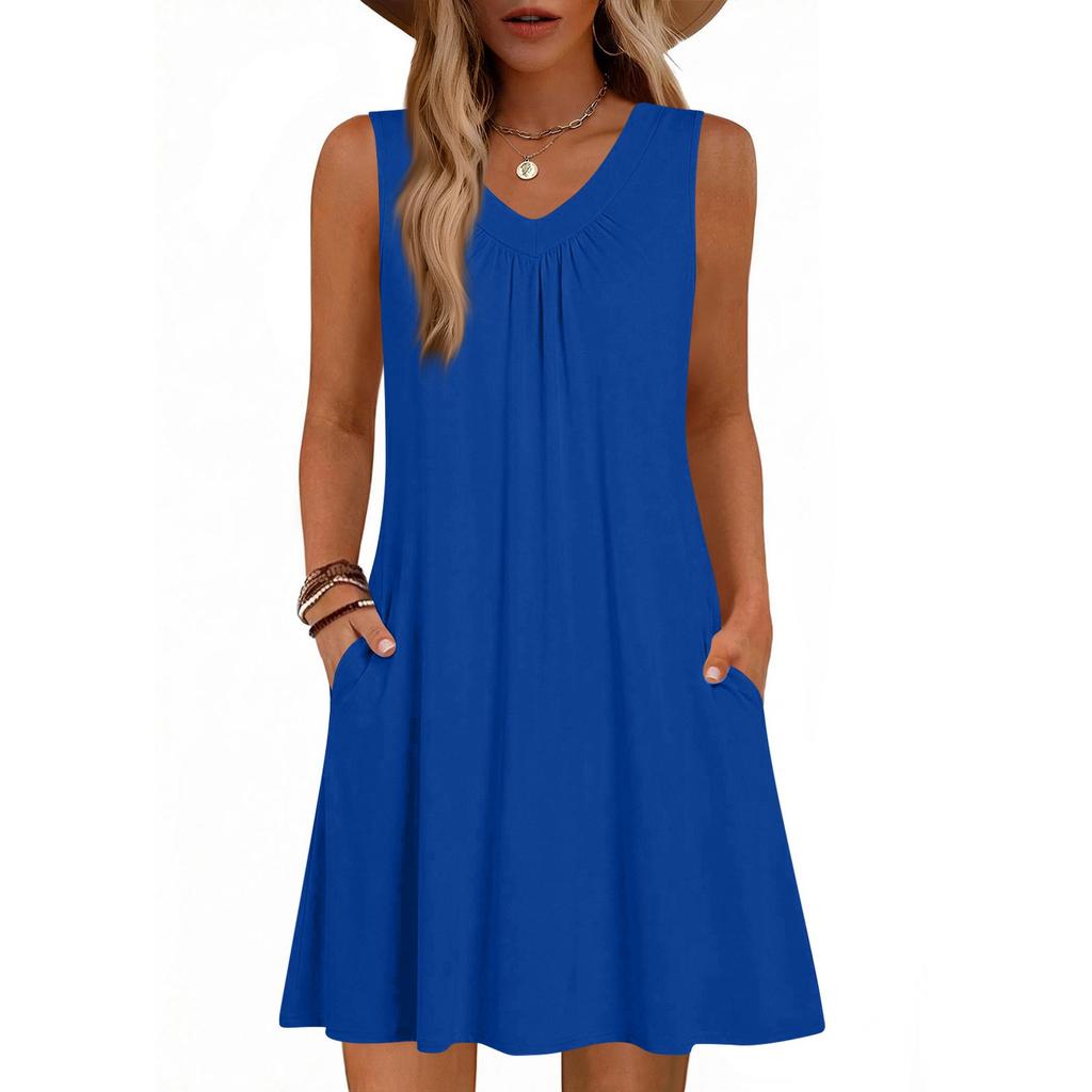 Women's Fashion Color Summer Sleeveless V-neck Vest Pocket Casual Loose Dress