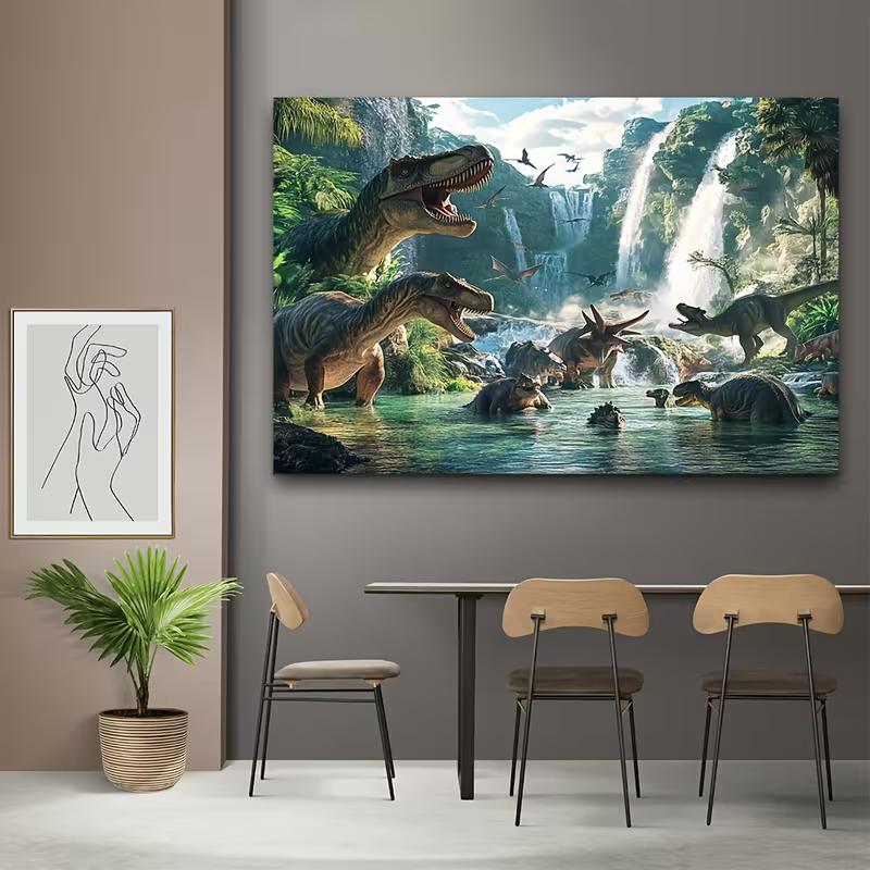 Prähistorische Dinosaurierfamilie Kulisse Dschungel-Wasserfall-Szene Hintergrundtuch für Kindergeburtstagsparty