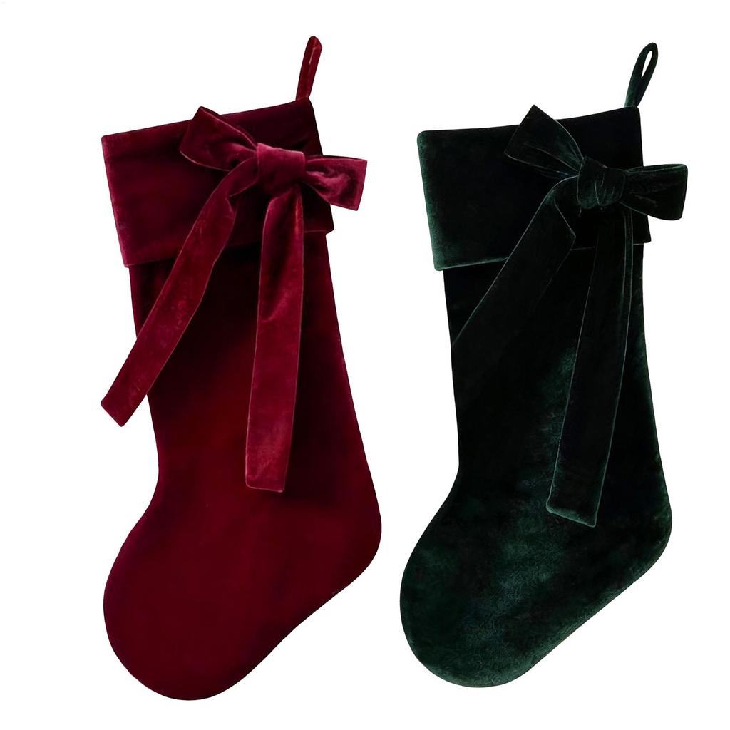 Velvet Christmas Stocking with Elegant Bow - Festive Holiday Decor for Fireplace Mantel, Christmas Tree, Stair Railing and Home