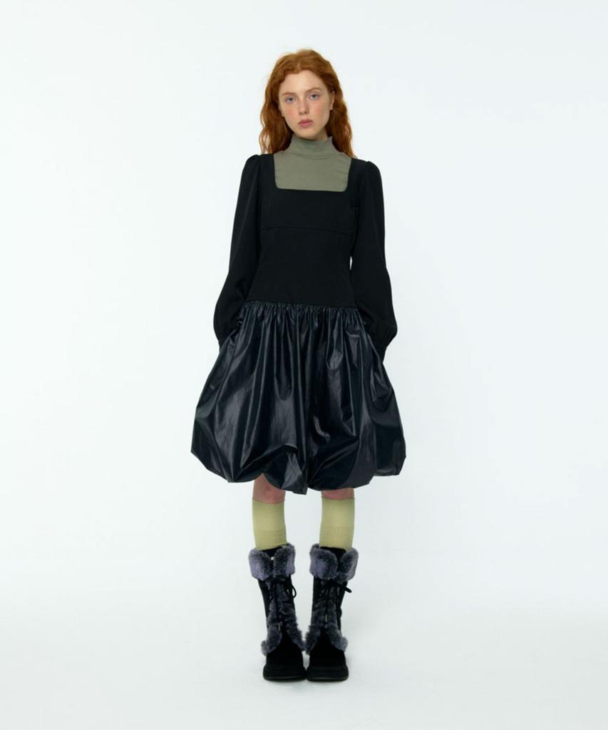 Lulu Seoul Rosy Balloon Shirring Midi Dress (Black)