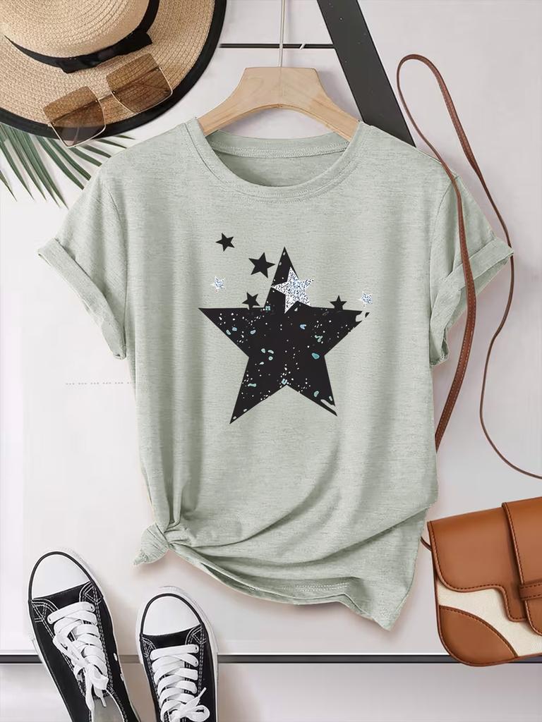 Summer Short-sleeved Star-shaped Printed Fashionable Street All-match Casual Sports Top Round Neck