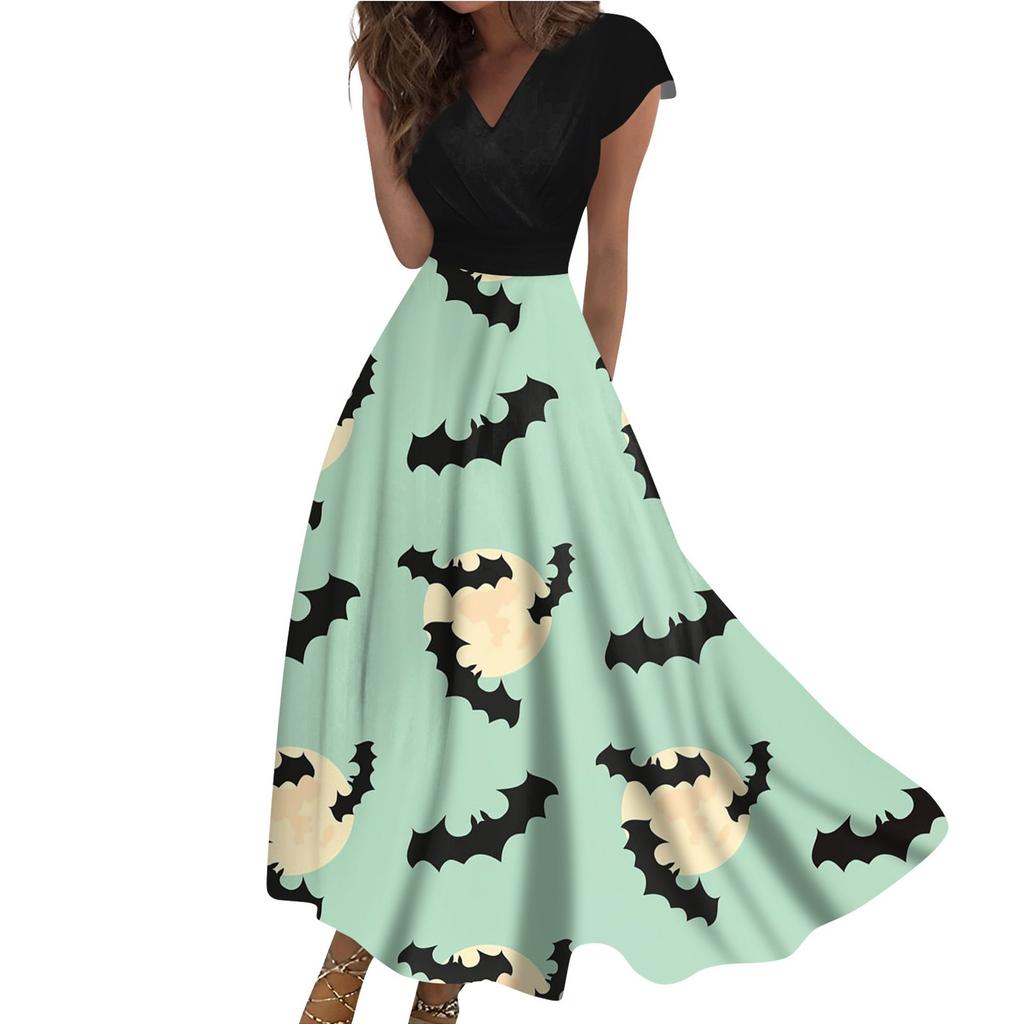 Women's Long Dress Maxi Dress Casual Dress Casual Short-Sleeve V Neck Boho Waist Halloween Printed Dress