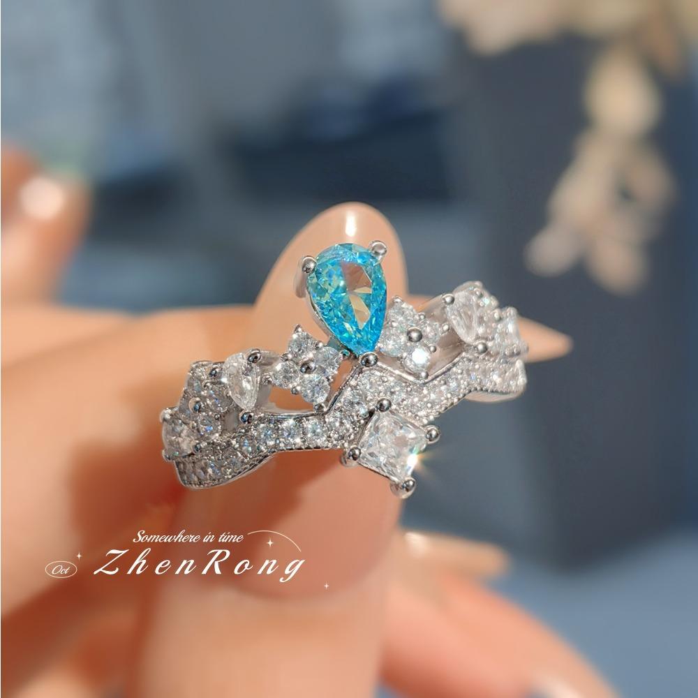 Open Ring Fashion Blue Crown Gemstone Women Elegant Adjustable Aquamarine Statement Jewelry